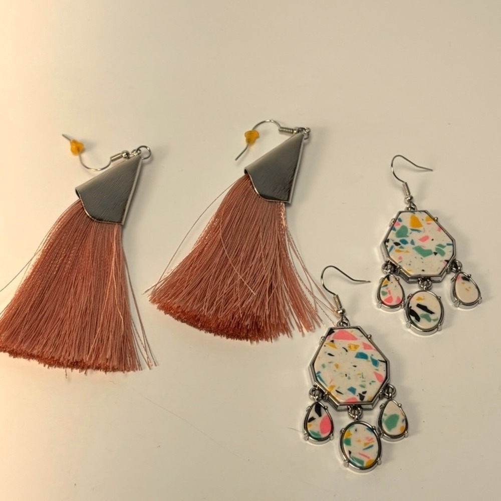 Earring Set Mauve Pink Tassel and Terrazzo Print Geometric Drop Earrings